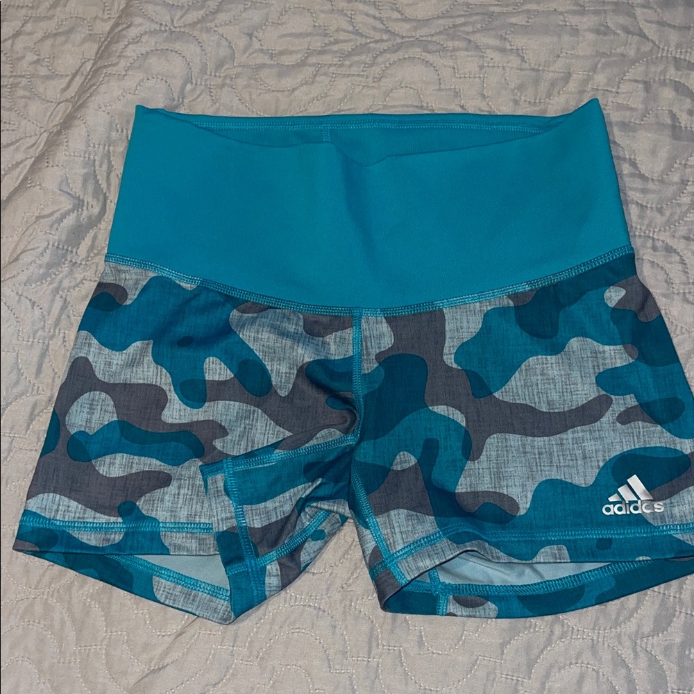 Adidas Women's Teal and Gray Camo Athletic Shorts